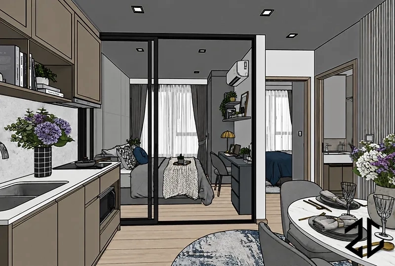 โมเดล SketchUp ก่อนเรนเดอร์ งานตกแต่งภายใน